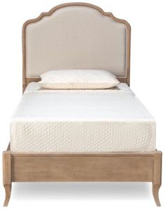 a bed with a wooden frame and headboard