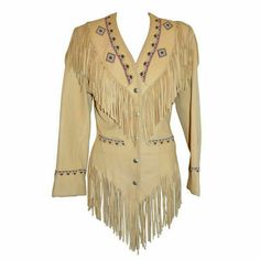 100% Native American Western Women's Leather Jacket with Fringe Description: This jacket is made exactly as Premium Class leather. It has been carefully Designed and we have manufactured it with all attention to details. Hand Made: - Brilliantly Designed, professionally cut & Premium stitching Throughout as per international standards. Available in Suede Leather. Light Weight Ideal for All Season. Great Choice for Casual & Parties. Attractive style Jackets. Inuit Clothing, Grass Dance Outfits, Leather Jacket With Fringe, Native American Western, Haider Ali, Closet Clothing, Fringe Coats, Beaded Work, Native American Clothing