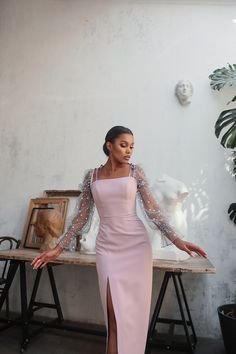 Bodycon Dress with Slit and Mesh Sleeves | BOJONI Gaun Koktail, Lace Dress Classy, Dress Outfits Party, Body Con Dress Outfit, Gaun Fashion, Women Lace Dress, Stylish Party Dresses, Elegant Dresses For Women, Mesh Sleeves