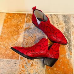 Nwot! Gorgeous Sugar Split Side Python Red & Black Pointed Toe Booties! Size 7.5. These Are A Wonderful Addition To Anybody’s Shoe Closet! Can Be Dressed Up Or Dressed Down As You Choose. 2.5” Heels And Pointed Toes Really Set Off The Style! Never Worn - Too Big, So My Loss Is Your Gain! Please See Pictures As Part Of Description! Red Pointed Toe Booties For Fall, Red Ankle-high Booties For Spring, Red Booties For Spring, Casual Red Ankle Booties, Sugar Shoes, Shoe Closet, Dressed Down, Shoes Heels Boots, Python