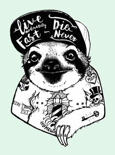 a black and white drawing of a slotty wearing a hat with tattoos on it