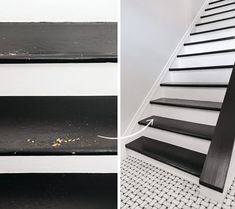 black and white stairs before and after being painted with chalk or paint primed to match the floor