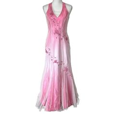 Vintage Prom Dress Good Condition Size 7/8 Pit To Pit 16” Length 59” Pink Ombr Satin With Mesh Overlay Rose Sequin And Beaded Embroidered Slight Fishtail Hem Only Flaw Found Is A Tiny Hole In Mesh As Shown This Is So Gorgeous And Unique #Prom #Fairy #Homecoming Princess Prom Dress, Vintage Prom Dress, Princess Prom Dresses, Vintage Fairy, Vintage Prom, Vintage Fairies, Prom Dresses Vintage, Fairy Princess, Fairy Princesses