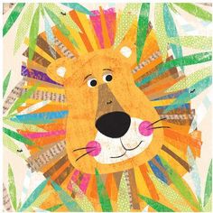 the lion is surrounded by colorful leaves and has his face painted orange, green, blue, yellow