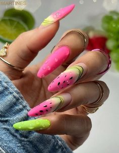 Discover the fun and vibrant trend of fruit nails! You can find cute designs with peaches, lemon, strawberry, and more, offering a playful twist to your mani. #summernails #fruitnails #nailswithfruits #watermelonnails Neon Green Nails Ideas, November Nail Designs, Nails Design Ideas, 2024 Nails