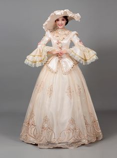 Square-neck, shoelace ruffles around neck, hidden zipper closure on back on corset. Poly lace up on back to shape body well. Baroque Fashion Modern, Marie Antoinette Costume, Baroque Dress, Tudor Dress, Dance Costumes Ballroom, Satin Long Sleeve, Retro Costume, Beaded Prom Dress, Pink Tulle