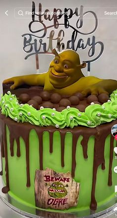 a green birthday cake with chocolate icing and a smiling shrap on top