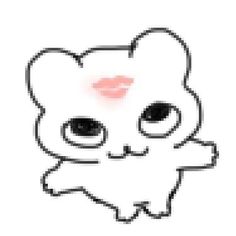 a drawing of a cat with big eyes and a pink lip on it's cheek