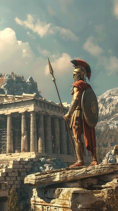 an ancient greek warrior standing on top of a stone building with a spear in his hand