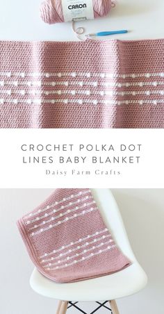 crochet polka dot lines baby blanket in pink and white with text overlay