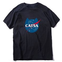 "Be The Cosmic Cat King And Blast Off Into Coolness:  The Catsa Space T-Shirt That's Out of This World! Show off your unique style with the Catsa Space Cat T-Shirt. A cheeky parody of the iconic NASA logo, this tee swaps astronauts for a cat's head and puts a feline twist on space exploration with the word \"CATSA\". This space-themed tshirt is minimalistic and funny, perfect for everyday wear. It's not just a shirt; it's a statement! Whether you're a cat lover, a space enthusiast, or both, this shirt is sure to make you look cool and be the star of the show! Size chart:" Cheap Space-themed Crew Neck Tops, Cheap Space-themed Screen Print Tops, Cosmic Cat, Cat King, White And Black Cat, Nasa Logo, Cat Themed Gifts, Knitted Cat, Cat Hoodie