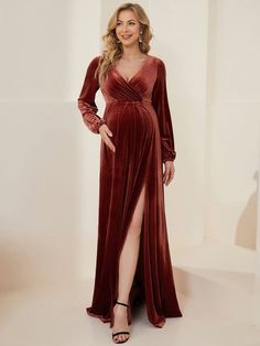 Long Sleeve Velvet V-Neck Front Slit Floor-Length Bump Friendly Dress belk dresses, sumer dresses, sping dresses #dresses2016 #dresseslover #dresseson, dried orange slices, yule decorations, scandinavian christmas Bump Friendly Dress, Velvet Formal Dress, Ever Pretty, Affordable Dresses, Graduation Outfit, Scandinavian Christmas, Maternity Dress, Dress Plus Size, Yule