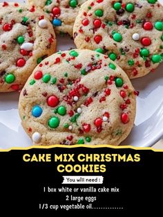 three cookies on a white plate with green and red sprinkles