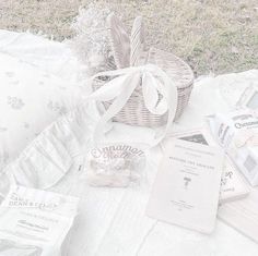 a picnic blanket with books, magazines and a wicker basket sitting on top of it