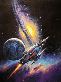 a painting of a space ship in front of a galaxy