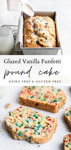 baked vanilla funfetti pound cake with dairy free and gluten free toppings