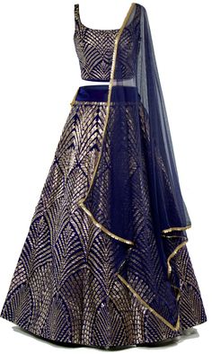 Gorgeous navy lehenga set with beautiful gold foil work throughout shining bright! Elegant Designer Zari Work Skirt Set, Elegant Designer Skirt Set With Zari Work, Gold Designer Dress For Navratri, Elegant Lehenga With Gold Embroidery For Parties, Party Wear Sets With Gold Embroidery For Reception, Elegant Festive Skirt Set With Dupatta, Bollywood Style Gold Embroidered Sharara For Party, Gold Anarkali Set With Gold Embroidery For Party, Gold Embroidered Saree Dress For Party