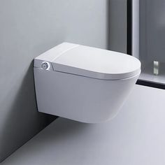 a white toilet sitting on top of a bathroom floor next to a wall mounted mirror