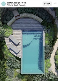 an aerial view of a pool surrounded by trees