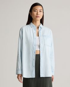 Step up your denim game with our Distressed Denim Oversized Shirt. This effortlessly cool piece combines timeless denim with a modern, laid-back vibe. Its oversized fit offers a relaxed silhouette, making it ideal for layering over your favorite tees or p Core Wardrobe, Silk Cami, Quarter Zip Sweater, Mother Denim, Oversized Shirt, Blouse Dress, Quince, Distressed Denim, Sweater Jacket