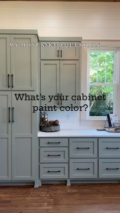 a kitchen with gray cabinets and white counter tops is featured in the magazine, what's your cabinet paint color?