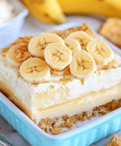 there is a piece of cake with bananas on top