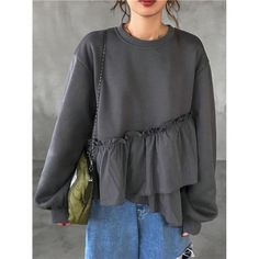 -Item Id 44423046 -Details: Asymmetrical, Frill, Ruffle Hem -Neckline: Round Neck -Sleeve Type: Drop Shoulder -Style: Casual -Type: Pullovers -Hem Shaped: Flared -Color: Grey -Pattern Type: Colorblock, Plain -Sleeve Length: Long Sleeve -Length: Regular -Fit Type: Loose -Fabric: Slight Stretch -Material: Polyester -Composition: 100% Polyester -Care Instructions: Machine Wash, Do Not Dry Clean -Temperature: Spring/Fall (18-25/63-77) -Lined For Added Warmth: Yes -Sheer: No **Open To Offers!!!** **B Long Sleeve Cotton Top With Ruffle Hem, Cotton Long Sleeve Top With Ruffle Hem, Casual Ruffle Hem Tops For Fall, Casual Ruffled Tops For Fall, Oversized Ruffled Cotton Tops, Casual Gray Ruffled Top, Casual Gray Ruffle Top, Gray Casual Ruffled Tops, Gray Ruffled Casual Top