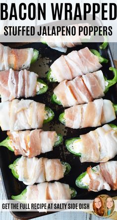 bacon wrapped stuffed jalapenos on a baking sheet with the title above it