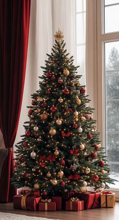 a decorated christmas tree in front of a window with red and gold presents under it