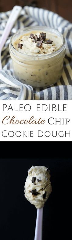 a chocolate chip cookie dough on a stick with the words paleo edible chocolate chip cookie dough