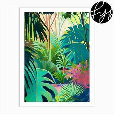 an art print with tropical plants and trees in the foreground, against a white background