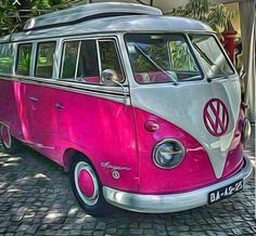 an old vw bus painted in pink and white