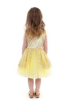 The sheer fabric and glimmering bodice together make this dress a delightful combination of softness and magic, turning any child into a little princess ready for a special occasion. Rich yellow stretch velvet bodice with gold trim accents Fabric is adorned with a metallic gold print, lending a touch of elegance Adorned with red floral accents, adding a touch of splendor Breathable, Silky Soft, 100% Polyester Fabrics Accessories Sold Separately Princess Style Tutu Dress For Holiday Fancy Dress, Elegant Sleeveless Tutu Dress For Festive Occasions, Sleeveless Tulle Dress For Festive Occasions, Festive Sleeveless Tulle Dress, Elegant Tulle Holiday Dress For Festive Occasions, Tulle Holiday Dress For Party Season, Sleeveless Glitter Tulle Dress For Party Season, Sleeveless Tulle Holiday Dress For Party, Elegant Festive Tutu Dress For Party