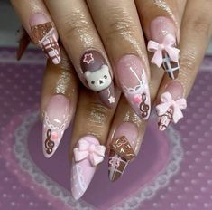 Kawaii Fall Nails, Hime Gyaru Nails, Korilakkuma Nails, Sanrio Christmas Nails, Neopolitan Nails, Aesthetic Y2k Nails, Pink Kawaii Nails, Cute Hello Kitty Nails, Rilakkuma Nails