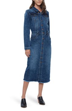 Two of your favorite denim pieces are fused together (fabulously) in a denim dress turned to a forever-loved, faded wash. 47" to 49" length Front button closure Spread collar Long sleeves with one-button cuffs Chest button-flap pockets; coin pocket; scoop pockets; back patch pockets 94% cotton, 5% polyester, 1% spandex or 75% cotton, 23% polyester, 2% spandex Machine wash, tumble dry Imported Point of View Dyed Denim, Denim Midi Dress, Denim Shirt Dress, Point Of View, Nordstrom Dresses, Stretch Denim, Denim Dress, Polyester Spandex, Denim Skirt