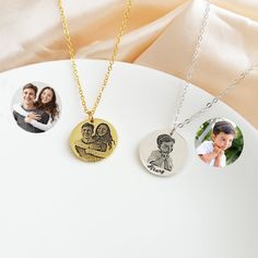 "Custom Photo Engraved Necklace, Photo Necklace, Gift For Her, Photo Gift For Mom, Personalized Jewelry ♡ PRODUCT  DETAILS * Material: 925 Sterling Silver / Copper * Color: Silver, Gold, Rose Gold * Chain Length: 14\" 16\" 18\" 20\" 22\" * Personalisation: Custom Name * Disc Diameter:18mm * Carve your photos[Any HD image] ♡ OTHER  INFORMATION * All items are nicely packaged ready to gift in elegant jewelry boxes. * If you have some special design needs, welcome to contact us. * All of our jewelr Customizable Round Pendant Necklace For Father's Day, Customized Round Pendant Necklace For Father's Day, Customizable Silver Necklace For Father's Day, Customized Sterling Silver Necklace For Father's Day, Round Necklace With Engraving Option For Father's Day, Round Pendant Necklaces With Engraving For Father's Day, Customized Silver Medallion Necklaces, Customized Silver Medallion Necklace, Necklace Photo