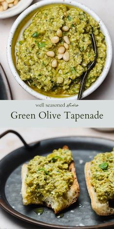 green olive tapenad with toasted bread on the side