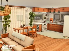 the living room and kitchen are in an animated style, with wood flooring on both sides