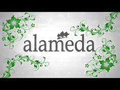 the word alameda written in green on a white background with flowers and swirls