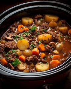 a crock pot filled with beef and potatoes