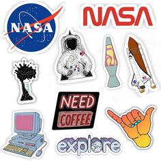 nasa stickers are arranged on a white background