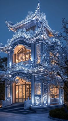 an ornate building lit up at night