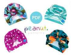 four bandanas with different patterns and colors are shown in the image, including blue, pink