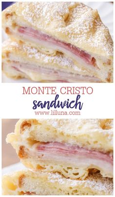 two sandwiches stacked on top of each other with the words monte cristoo sandwich