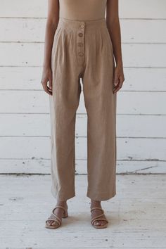 THE TATE PANT IN FAWN Summer Linen Pants With Button Closure, Everyday Relaxed Fit Bottoms With Button Closure, Chic Cotton Bottoms In Flax Color, High Waist Linen Bottoms With Buttons, Neutral High Waist Wide Leg Linen Pants, Linen Trousers With Button Closure, High-waist Linen Bottoms In Neutral Color, Straight Linen Pants With Buttons, Chic Relaxed Fit Pants With Buttons