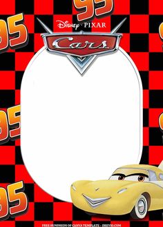 the cars movie character is shown in front of a red and black checkered background