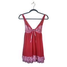 Base Is Vibrant Red Soft Mesh Pink Lace Accents Around Hem And Bust Adjustable Straps Cute Bow On Chest Babydoll Silhouette Size: Small Measurements: Pit To Pit: 13" (Elastic) Length: 27" Condition: New Without Tags Victoria's Secret Coquette Lace Sleepwear, Victoria's Secret Red Coquette Sleepwear, Red Lace Trim Sleepwear For Summer, Red Coquette Victoria's Secret Sleepwear, Red Lace Trim Nightgown, Red Lace Trim Sleepwear, Red Sleeveless Sleepwear For Pajama Party, Red Coquettish Sleepwear With Lace Trim, Red Coquette Sleepwear