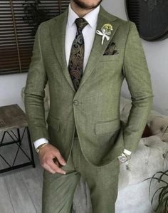 Men's Olive Green Linen Suit Two Piece Set, Breathable Formal Wear, Ideal Birthday Gift for Him, Suits For Men, Two Piece suit, Summer Suit This is a Classic 2 Piece Suit crafted from high quality fabric and imported materials. Our products are handcrafted by experienced tailors who make sure the that the stitching is precise, lining is proper and the overall product is sturdy enough to not go out of shape for more than a few years. Also all our products have extra margins in their length, sleev Green Long Sleeve Suit For Groom, Fitted Green Sets With Pockets, Classic Green Slim Fit Sets, Green Linen Suit, Luxury Suit, Groomsmen Party, Summer Wedding Suits, Green Wedding Suit, Olive Green Weddings