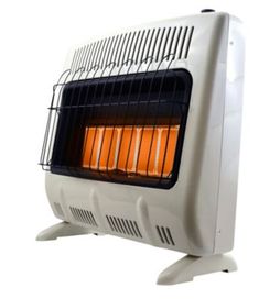 an electric heater sitting on top of a white table