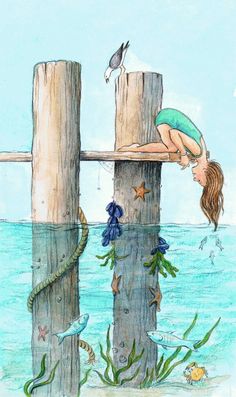 a drawing of a girl diving into the water from a dock with seaweed and starfish